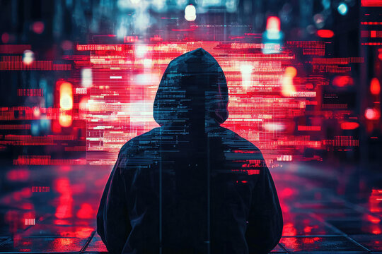 A hooded figure stands before a screen displaying red data streams, symbolizing cybercrime and hacking.