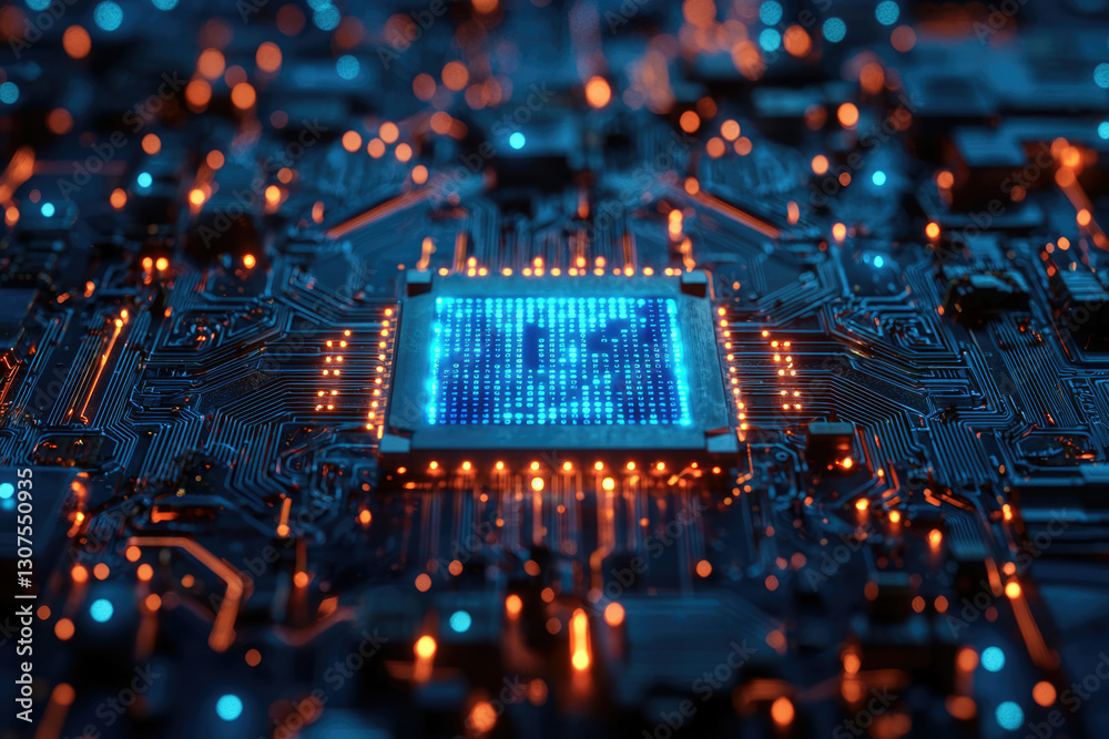 Poster Close-up of a glowing microprocessor integrated circuit, showcasing intricate circuitry and technological advancement.