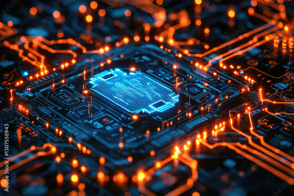 Poster Close-up of a glowing blue CPU on a circuit board with orange pathways, illustrating advanced technology.