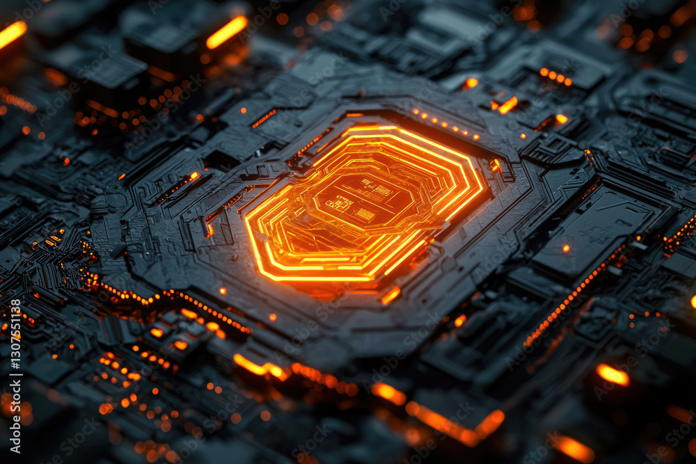Poster close-up of a futuristic circuit board with glowing orange lines, showcasing intricate technological