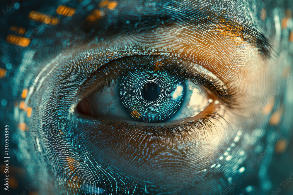 Poster A close-up of a human eye, digitally enhanced with swirling patterns and data streams, representing the intersection of humanity and technology.