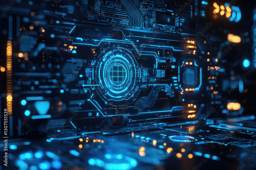 Poster Abstract futuristic digital technology background with glowing circuit board and central processing unit.