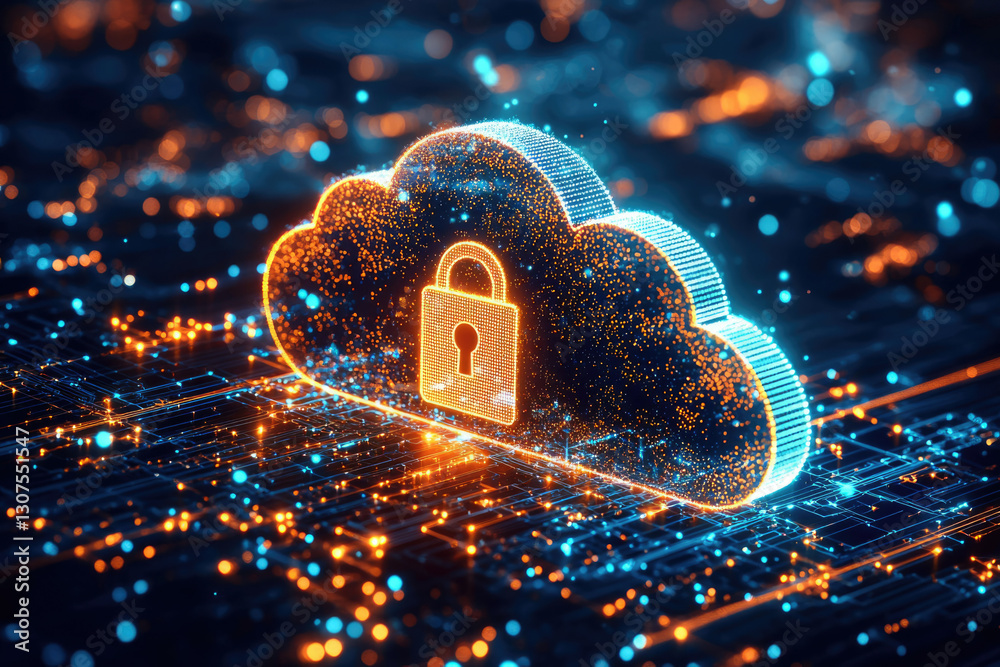 Poster Cloud computing security: A digital cloud with a padlock symbolizes secure data storage and protection in the cloud.