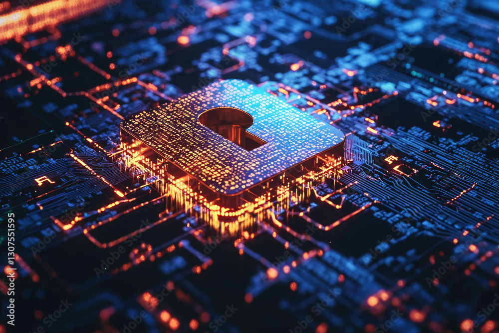 Aufkleber A glowing padlock embedded in a circuit board symbolizes digital security and data protection.