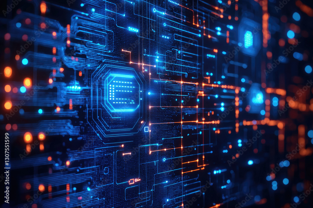 Poster abstract digital circuit board glowing with blue and orange light, depicting complex network connect