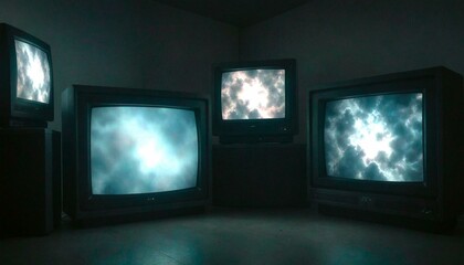 Fototapeta premium Vintage CRT Televisions in a Dim Room