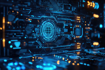 Abstract futuristic digital technology background with glowing circuit board and central processing unit.