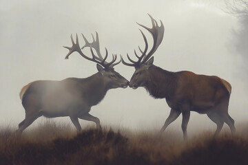 Photorealistic Autumn Scene: Two Red Deer Stags Battling in Forest Clearing
