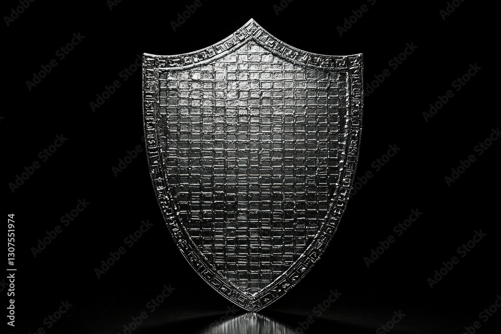 Poster a metallic shield with intricate detailing, symbolizing protection and security.