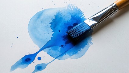 Close-up of Paintbrush on Abstract Blue Watercolor Wash