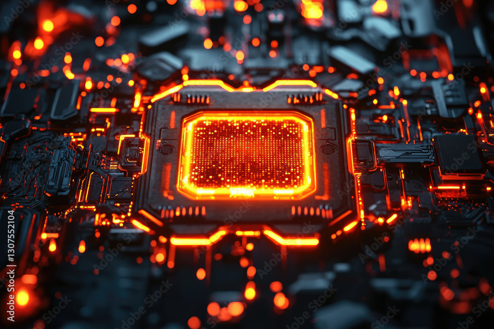 Poster A glowing central processing unit (CPU) surrounded by intricate circuitry, showcasing advanced technology.
