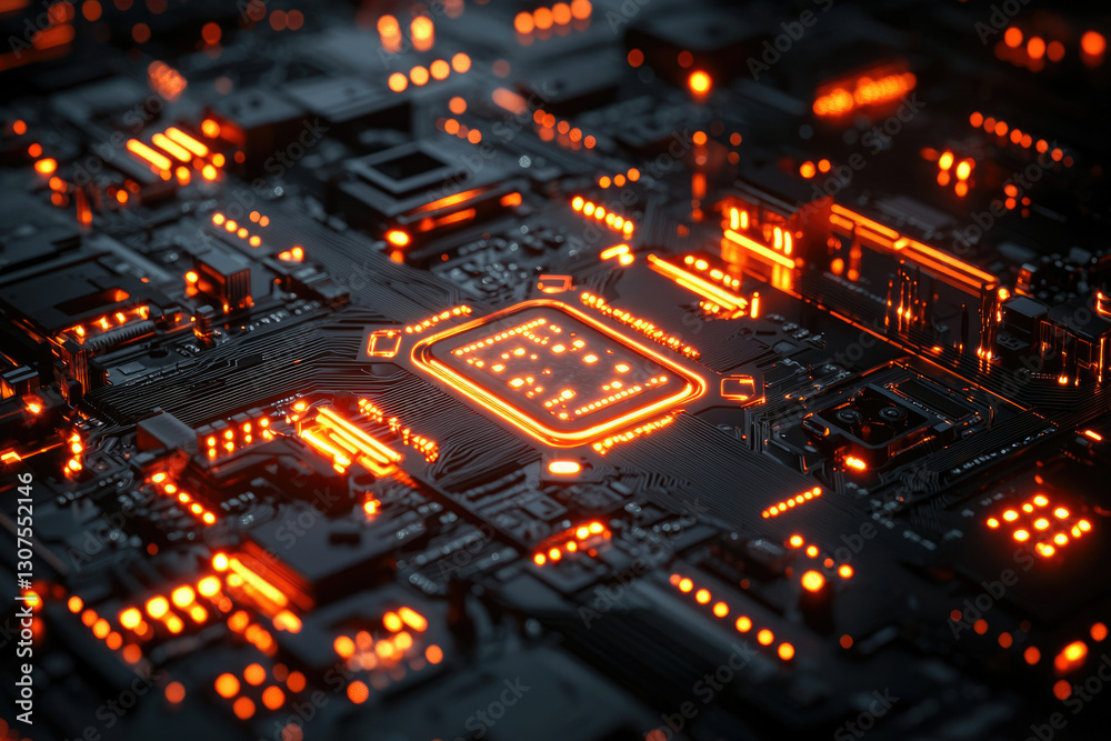 Poster Close-up view of a glowing orange CPU on a dark motherboard, showcasing intricate circuitry and technological detail.