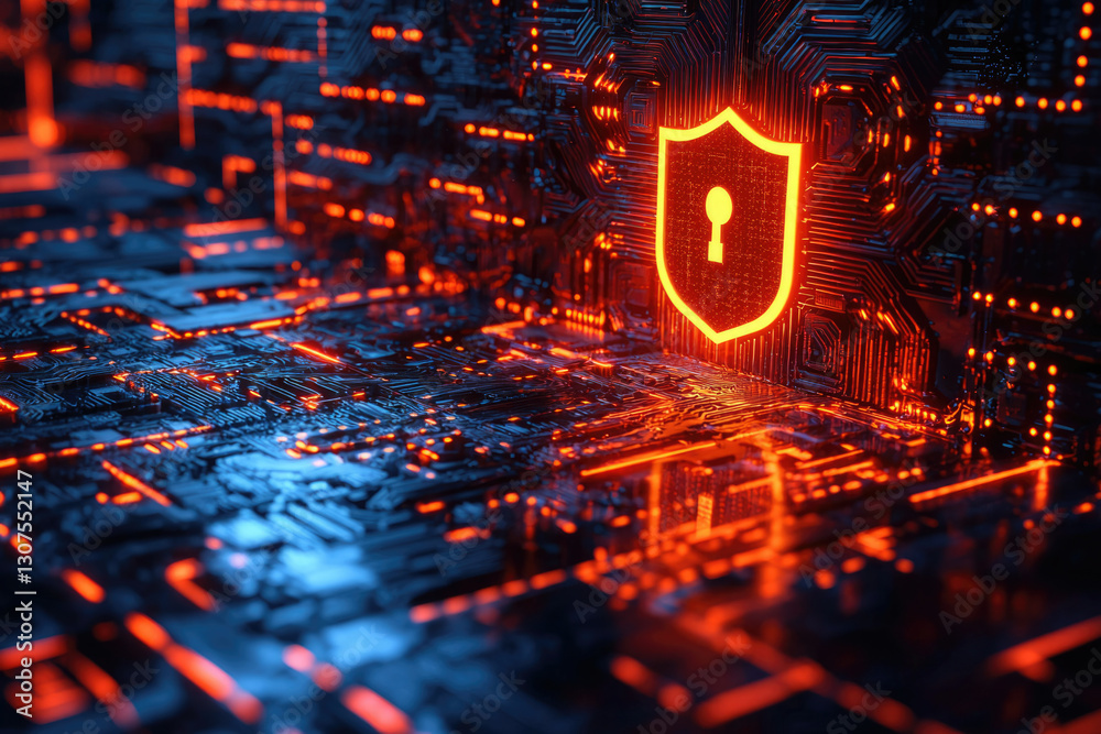 Poster Cybersecurity shield glowing on a digital circuit board, representing data protection and online security.