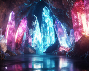 Glowing blue and pink crystals in a dark cave reflect on still water, creating a mystical and surreal scene, showcasing fantasy, magic, or otherworldly concepts