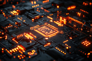 Obraz premium Close-up view of a glowing orange CPU on a dark motherboard, showcasing intricate circuitry and technological detail.