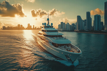 Luxury private yacht in sea against the backdrop of skyscrapers buildings in Miami during sunset. Billionaires luxury yacht lifestyle