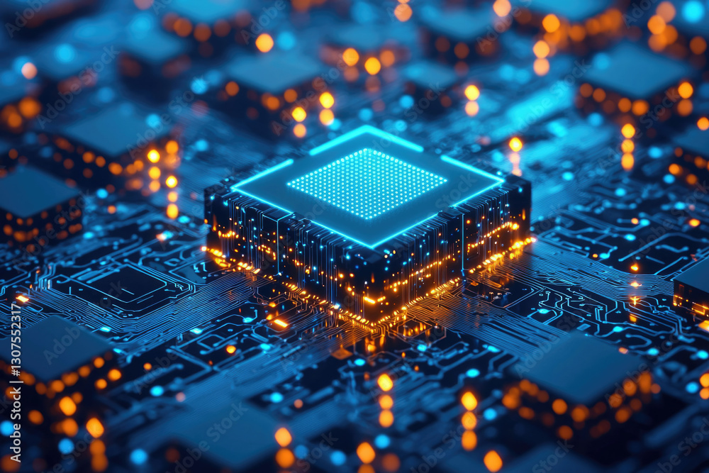Poster A glowing central processing unit (CPU) sits on a complex circuit board, representing advanced technology and computing power.