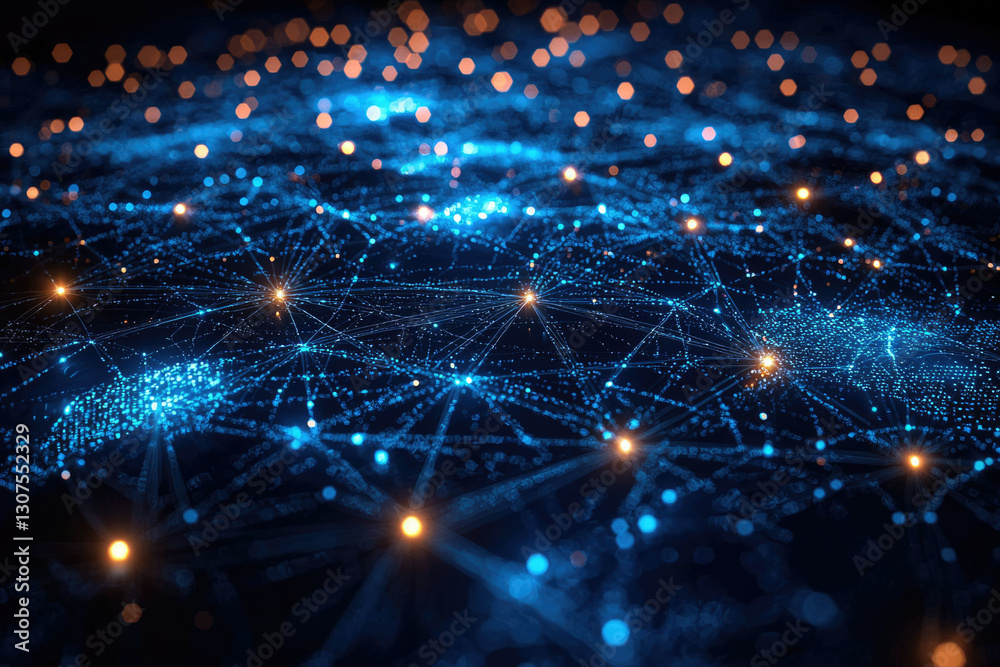 Poster abstract representation of interconnected network nodes, glowing brightly in a dark background, illu