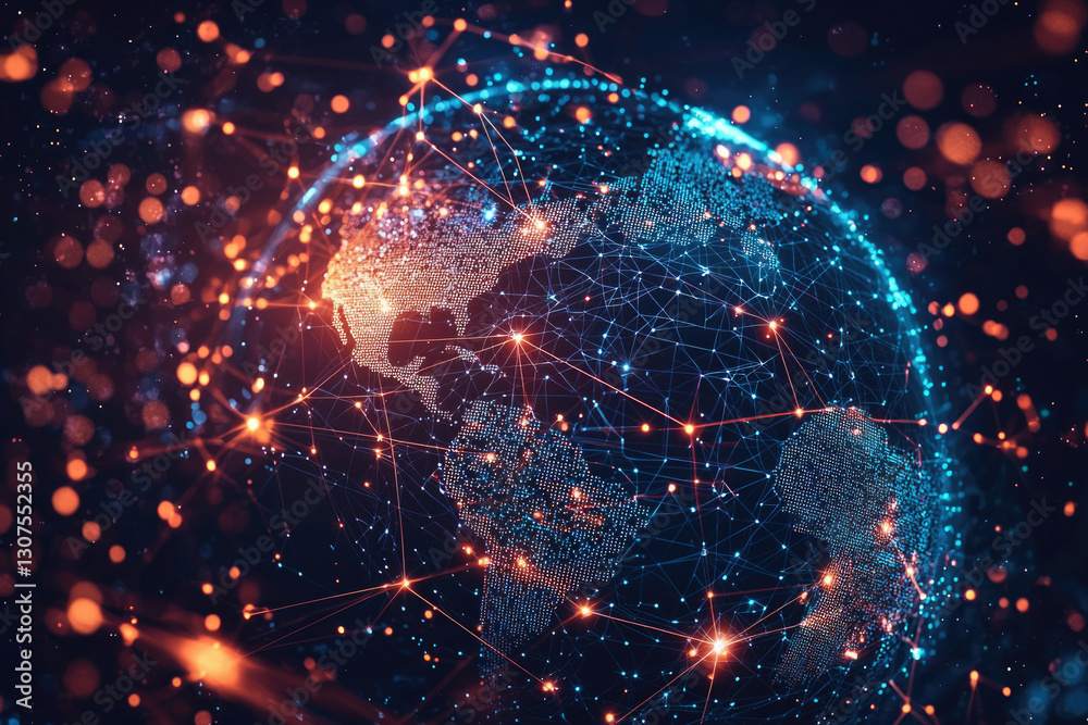 Poster Global network connection visualization, showcasing interconnectedness and data flow across continents.