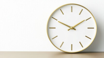 White Analog Clock with Gold Hands on Wooden Surface