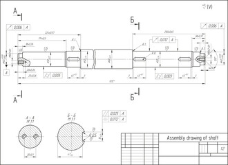 Assembly drawing of shaft of electrical reducer.
Vector design of steel mechanical device with 
dimension lines.
Engineering technic computer cad scheme on 
paper sheet. Hand drawn pencil sketch.