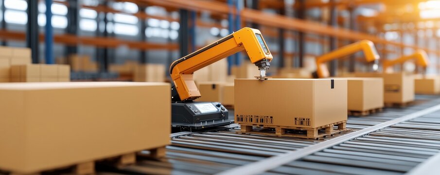 Info business entrepreneur automation concept. Automated warehouse with robotic arms handling boxes.