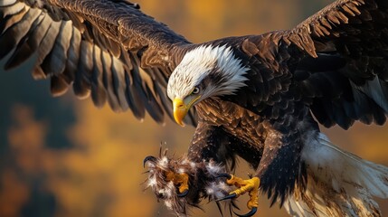 Obraz premium Bald Eagle in Flight, Hunting Prey, Autumn Landscape