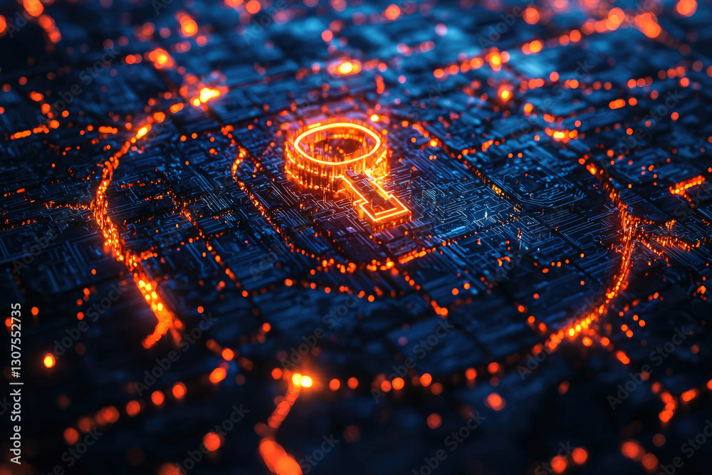 Poster A glowing key symbol embedded in a complex circuit board, representing digital security and access.