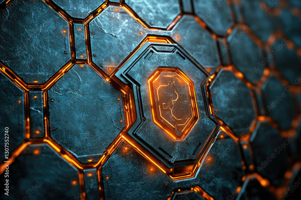 Poster Abstract futuristic hexagonal metallic surface with glowing orange lines and a central emblem.