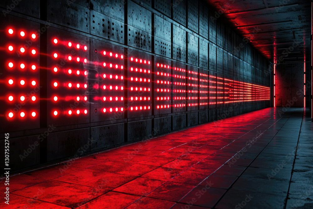 Poster red led lights illuminate a dark, metallic corridor, creating a futuristic and mysterious ambiance.
