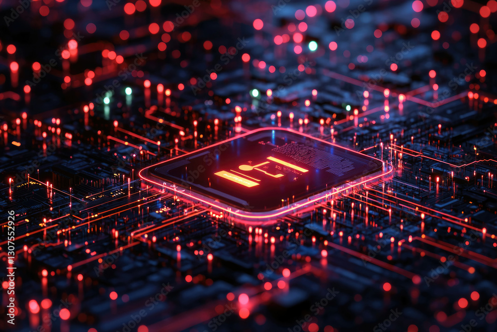 Poster Abstract digital illustration of a glowing microchip with data transfer symbol, representing modern technology and connectivity.