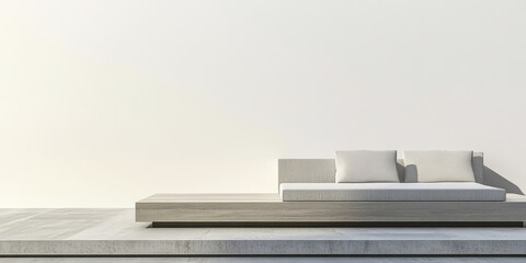 Minimalist outdoor lounge area with modern seating and neutral tones in bright daylight