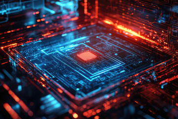 Obraz premium Abstract digital circuit board glowing with red and blue light, representing technological innovation.