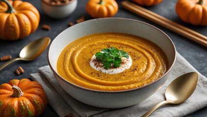 Creamy Pumpkin Soup Autumnal Dish Food Photography