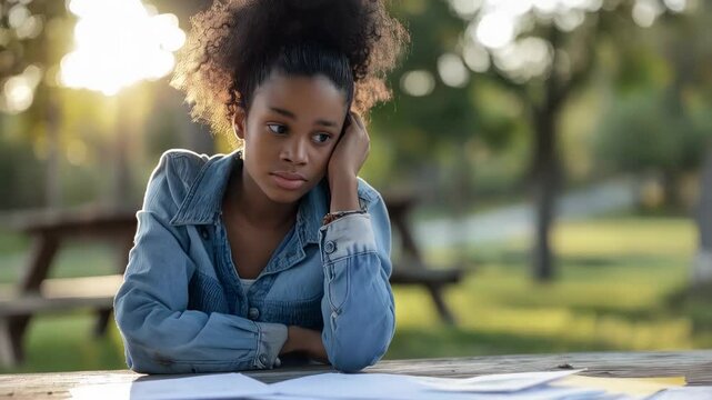 Young African American student struggling with academic pressure, sitting pensively at park table, dealing with complex homework challenge