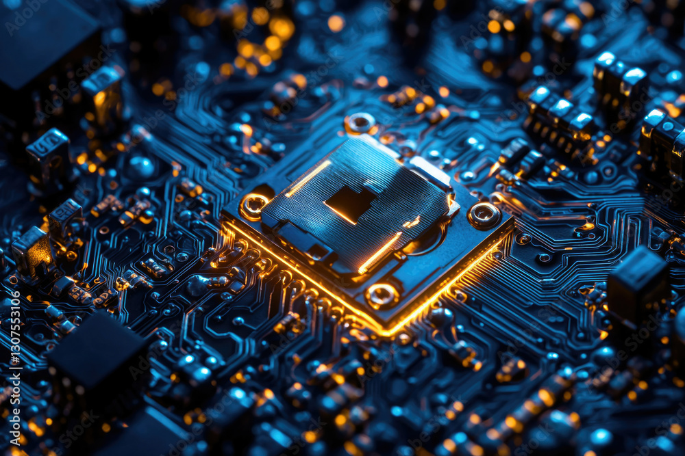 Aufkleber Close-up of a circuit board showcasing a central processor unit with intricate circuitry.