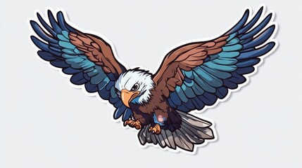 Fototapeta premium Stylized bald eagle soaring mid-flight; bright colors against a plain, light gray backdrop
