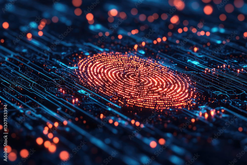Leinwandbilder digital fingerprint on a circuit board, symbolizing biometric authentication and cybersecurity.