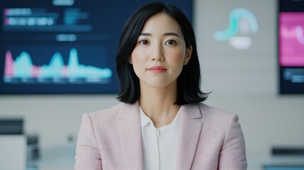 Info business entrepreneur automation concept. Professional woman in a modern office with data charts in the background.
