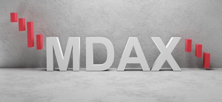 3D letters spelling "MDAX" on a textured grey background, with red downward-trending bar graphs on both sides, symbolizing a decline in the MDAX stock index and financial downturn