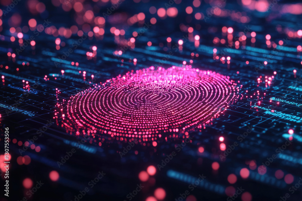 Poster Digital fingerprint formed by glowing particles on a circuit board, representing biometric data and cybersecurity.