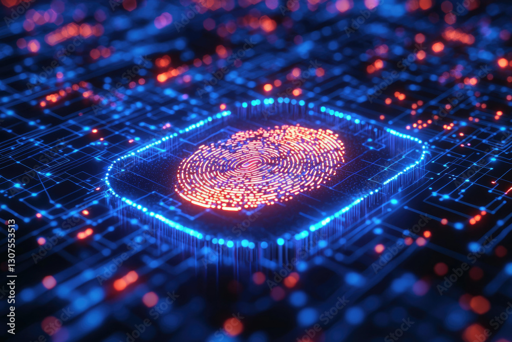 Aufkleber digital fingerprint on a circuit board; biometric security, data protection, cybersecurity concept.
