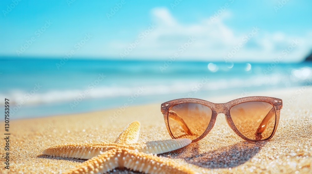 Aufkleber sunglasses and starfish resting on sandy beach with calm ocean waves under clear blue sky generative