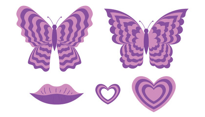 Set of girly groovy butterfly and hearts print. Hypnotic retro style. Modern design elements for posters, T shirts, invitations, postcards.