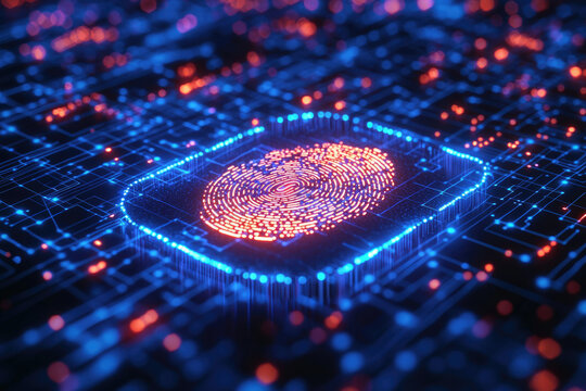 Digital fingerprint on a circuit board; biometric security, data protection, cybersecurity concept. - Powered by Adobe