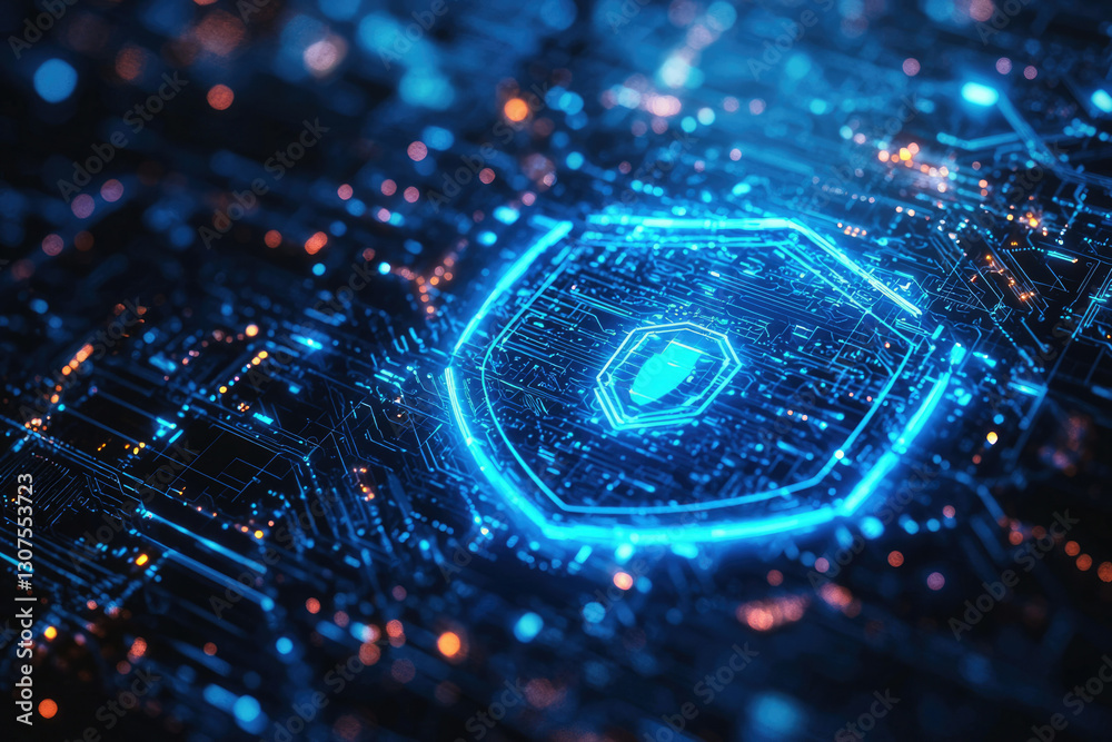 Poster Cybersecurity shield on digital circuit board, symbolizing digital protection and data security.