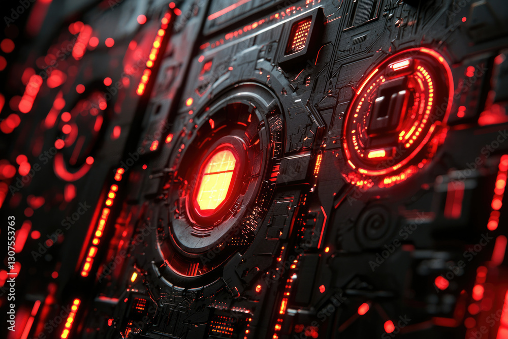 Poster close-up of a futuristic, dark metallic panel with glowing red circuitry and intricate details.