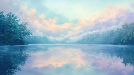 Obraz premium Peaceful lake sunrise reflection; tranquil forest; soft pastel colors