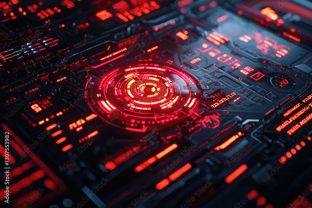 Poster Close-up of a futuristic, glowing red circuit board with a central circular display.
