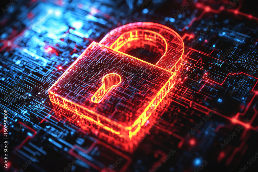 Aufkleber a glowing red padlock on a circuit board symbolizes digital security and data protection.